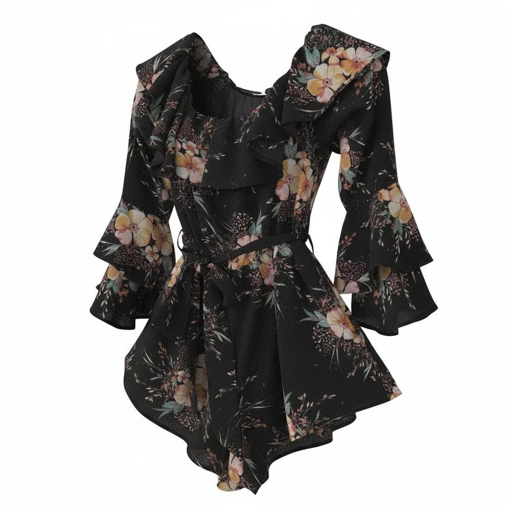 Haute Rogue Black Flora Ruffled Romper - Size Large